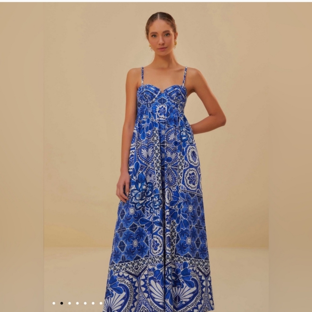 Anthropologie Blue and White Resort Maxi Dress with Sweetheart Neckline
